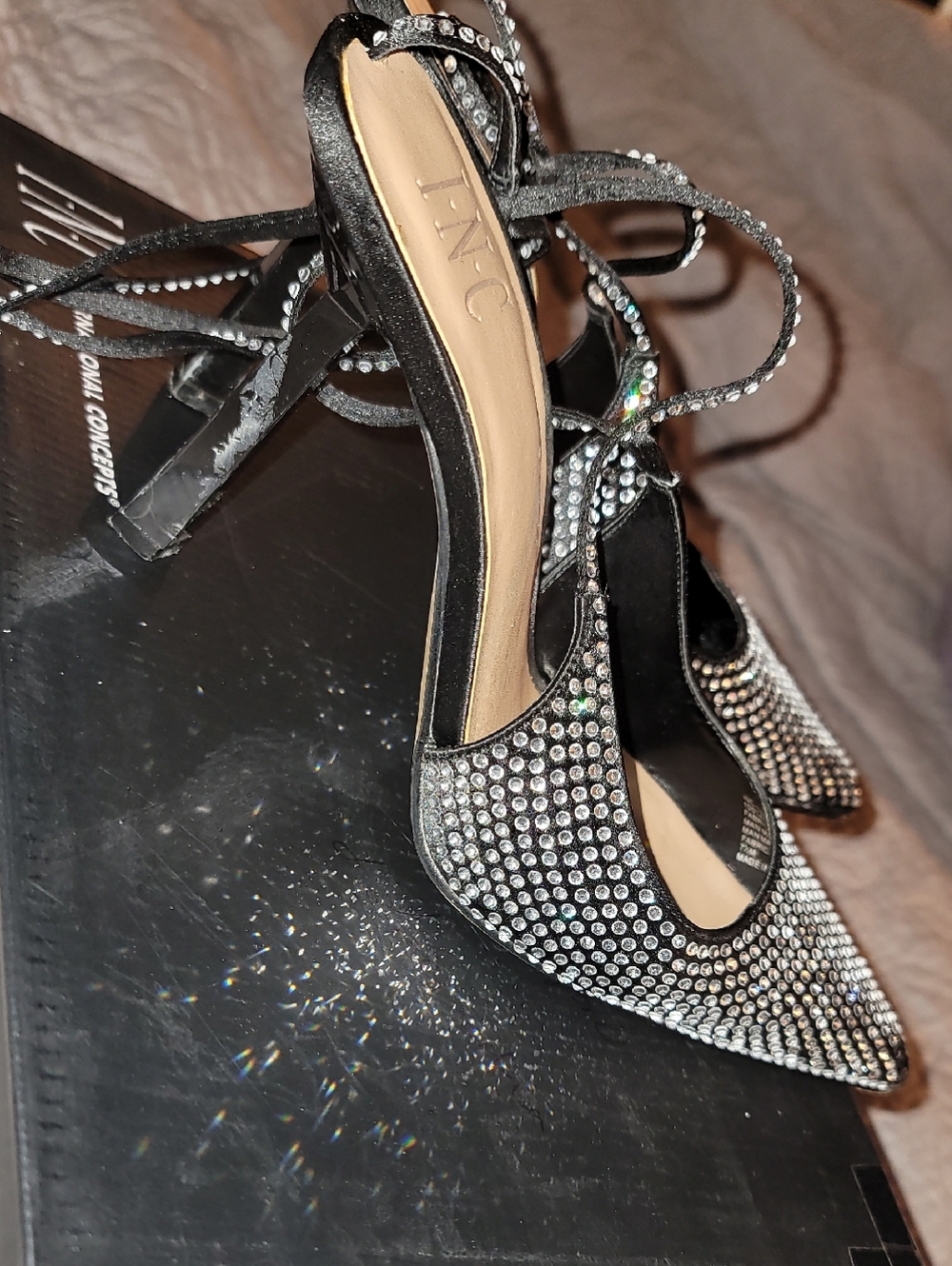 INC International Concepts Black Crystal-Strap Pointed-Toe Heels